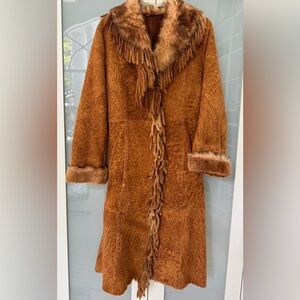 Vintage Brown Suede Fringe Shearling Coat